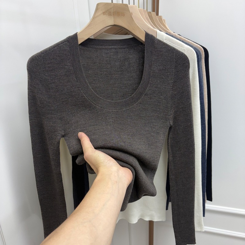 [Seamless 100% Wool - Long Sleeve U-Neck] Fine-Spun Merino Wool Sweater Seamless Slim Fit U-Neck Top for Women