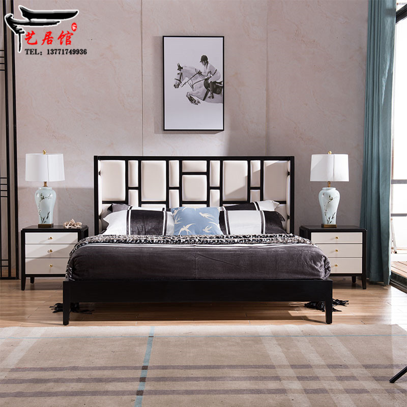 Modern Chinese style solid wood double bed simple bedroom marriage bed solid wood bed master bedroom 1 8 meters bed model room furniture