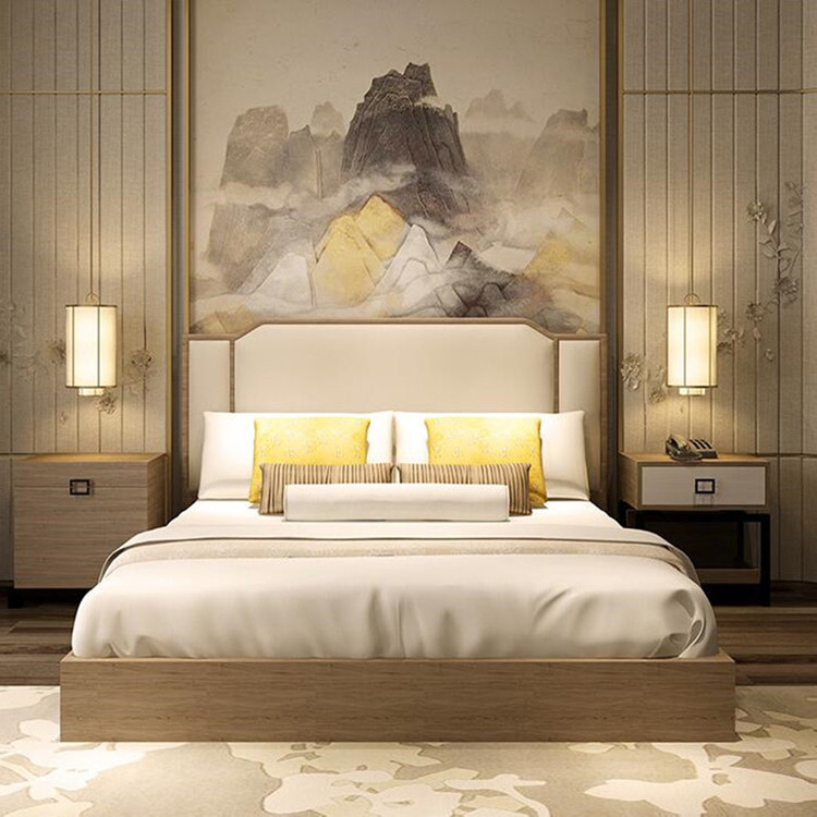 New Chinese style simple solid wood double bed 1 8 meters bedroom wedding bed model room hotel villa bedroom Zen furniture