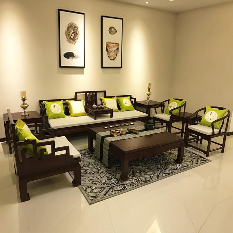 New Chinese style solid wood sofa combination antique living room fabric sofa villa model room Zen classical furniture customization