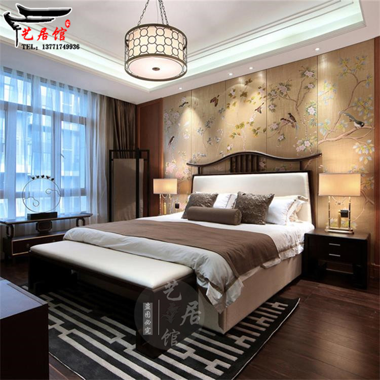 New Chinese style solid wood bed model room modern minimalist Chinese style furniture hotel club villa bedroom furniture customization