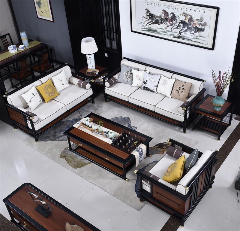 New Chinese style minimalist living room solid wood sofa combination model room Zen Chinese furniture fabric sofa villa furniture