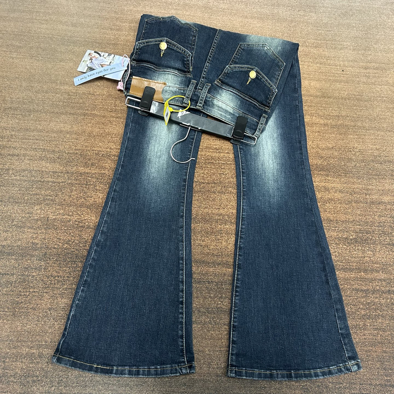 # A4-255276 Blue American-Style Scimitar Waistband Flap Pocket Wide-Leg Flared Goddess Pants for Women, High Elasticity
