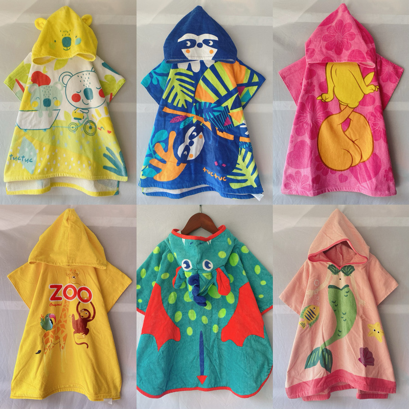 Super Cute Pure Cotton Towel Material Export Swimming Bath Play Water Absorbent Hooded Bath Towel Pullover Cartoon Cloak