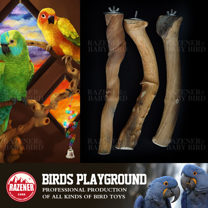 RAZENER Natural Hardwood Parrot Standing Stick Parrot Toy Birdcage Stand Grinding Claw Stick Perch Natural Shape Standing Stick