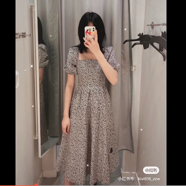 Váy mùa hè của HM & ZQRQ dành cho nữ cổ áo mới hình vuông đèn lồng tay áo hoa ngắn tay váy dài Pháp nữ 0889370 - váy đầm