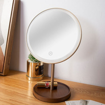 Black walnut solid wood lighted vanity mirror home desktop three-color light adjustable beauty makeup mirror desktop mirror