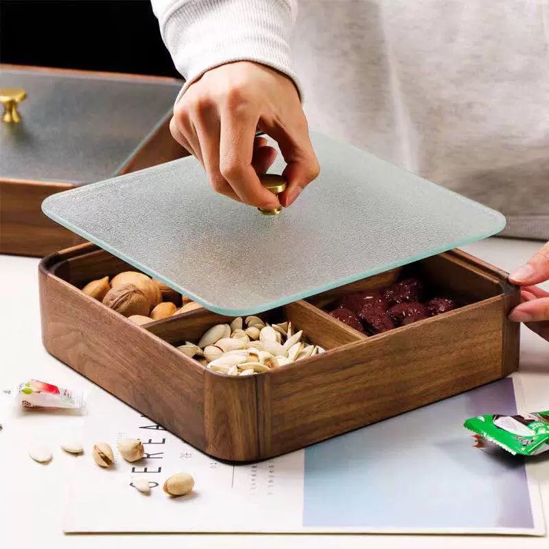 North American Black Walnuts Solid Wood Nut Case Round Square with lid Divided Candy Snacks Household Containing Box Dried Fruit Box-Taobao