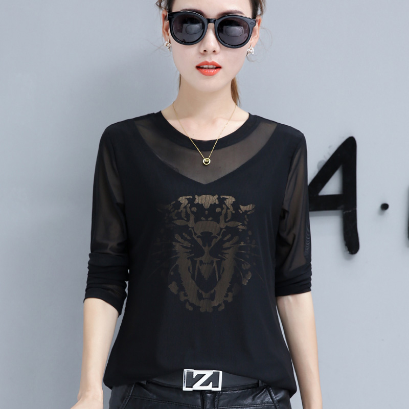 2022 Spring loaded with new long sleeves T-shirt female outside wearing lady mesh yarn thin undershirt spring short loose blouse