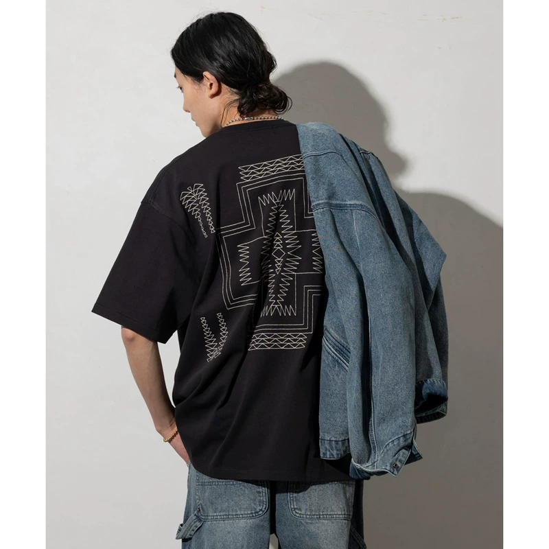 FREAKS STORE 24SS PENDLETON Cotton loose Indian ethnic embroidered short-sleeved T-shirt
