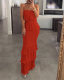 BandeauShirredRuffleHemLayeredDress Strapless Pressed Ruffled Long Skirt