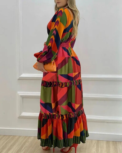 Geometric Print Lantern Sleeve Maxi Dress Long Sleeve Deep V Colorful Print Jumpsuit