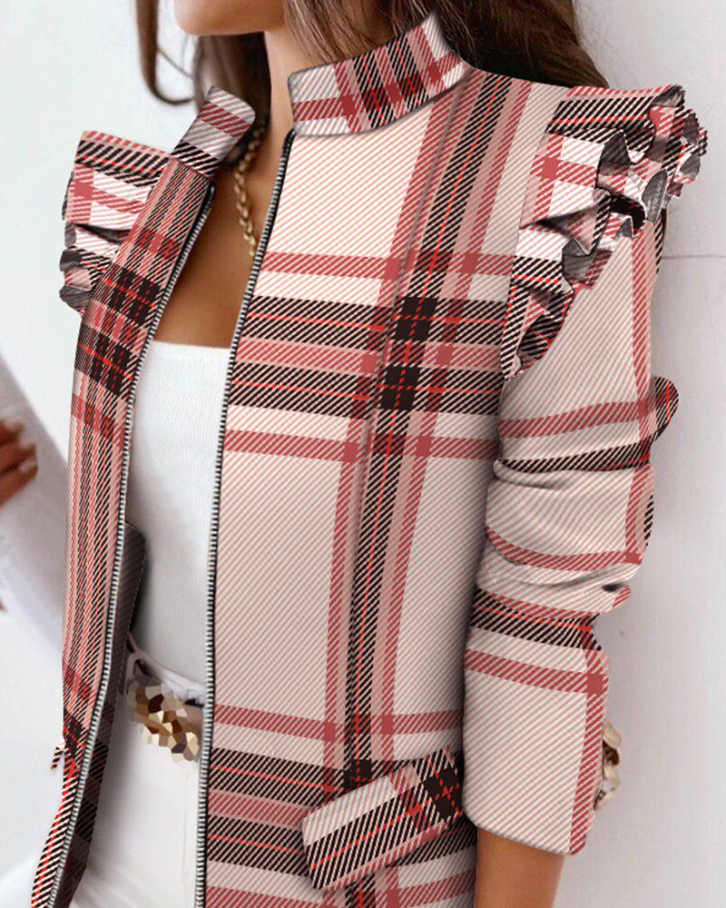 Плед лотос декоративный молния пальто Plaid Print Ruffles Zipper Up Coat 