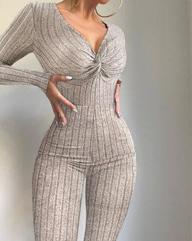 WomenTwistedLongSleeveRibbedJumpsuit Twisted pit strip bodysuit