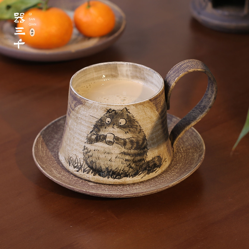 Three Thousand Purple Clay Ceramic Hand-Painted Kitten Mug with Handle and Saucer, Vintage Coffee Cup, Gift