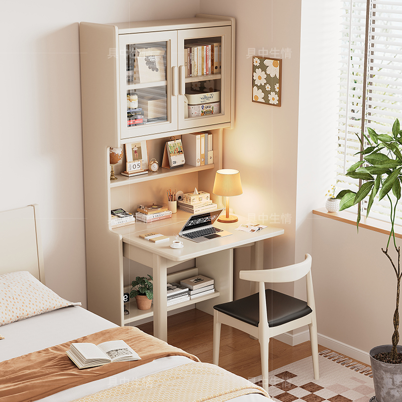 Solid Wood Foldable Desk with Integrated Bookshelf, Home Writing Desk, Bedroom Bedside Computer Desk, Small Apartment Study Desk