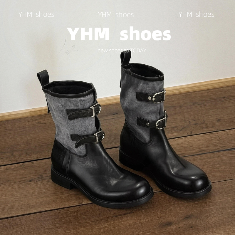 Retro Style Black Belt Buckle Short Boots for Women, Round Toe, Chunky Heel, Work Boots, Fashion Boots, Slimming Biker Boots, Versatile