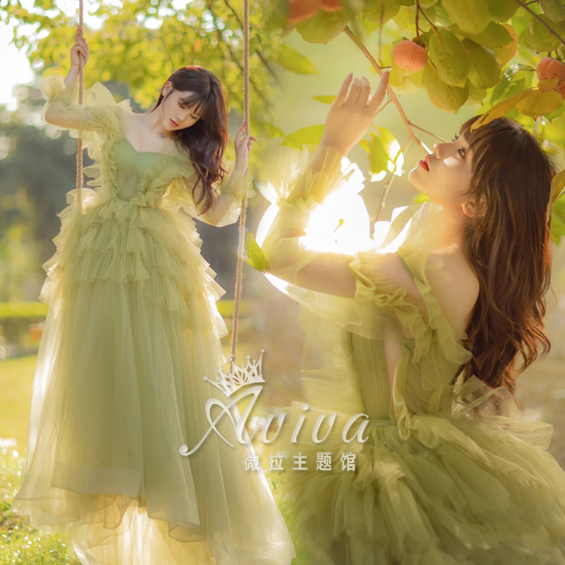 2023 New Model of the Wizard of oz Super Fairy-Like Outdoor Forest-Themed Green Gauze Dress, New Photo Studio Theme Clothing