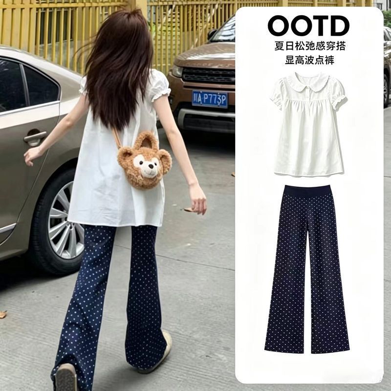Suit for Women, New Summer Style, Popular Korean Style, Sweet Style, Doll Collar, Slimming Short-Sleeved Shirt, Wide-Leg Polka-Dot Pants Suit for Women, New Summer Style, Popular Korean Style, Sweet Style, Doll Collar, Slimming Short-Sleeved Shirt, Wide-Leg Polka-Dot Pants