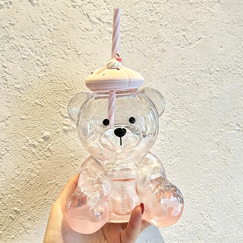 Starbucks Cup 26 New Dessert Party Pink Bear Straw Cup Cute Glass Cup Girlfriend Gift Water Cup