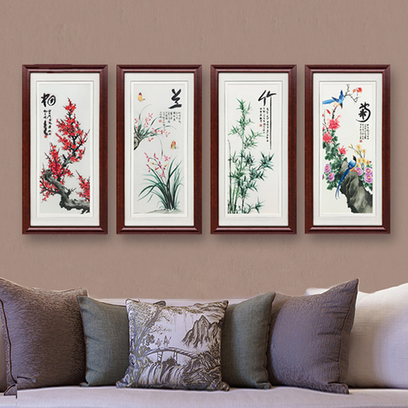Yembroidered collection Xiang embroidered finished product hanging painting strip screen pure hand embroidery Four couplets decoration painting Living room Book room Sofa Background Wall