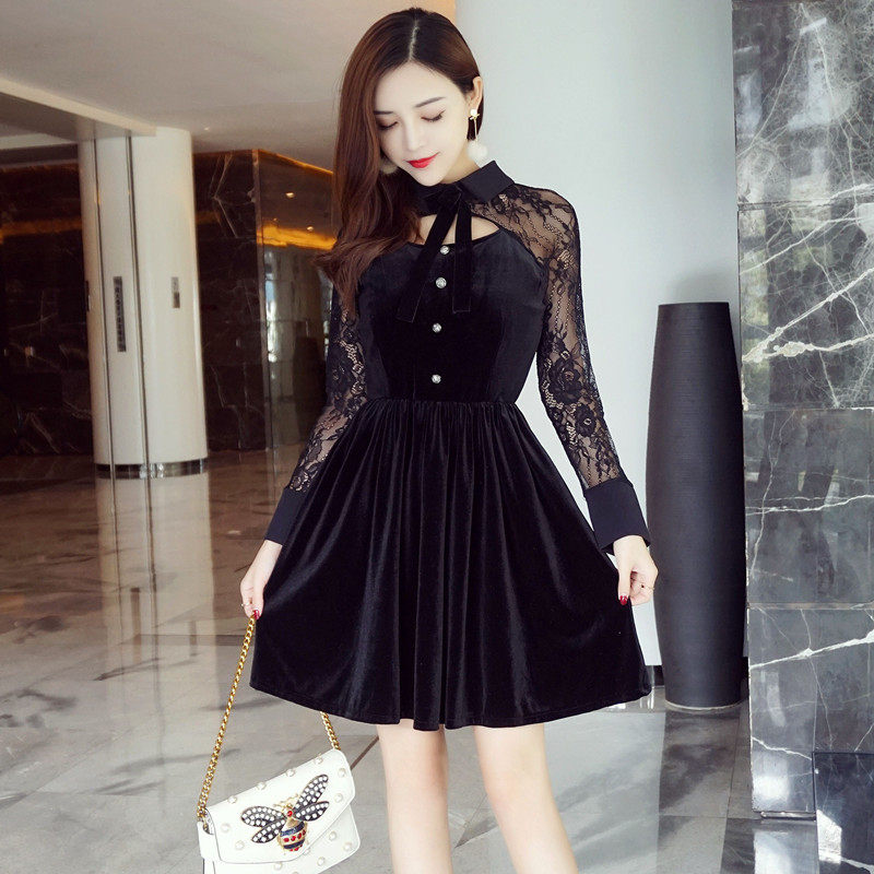 2017秋冬新款赫本小黑裙蝴蝶结长袖蕾丝拼接收腰大摆丝绒连衣裙女