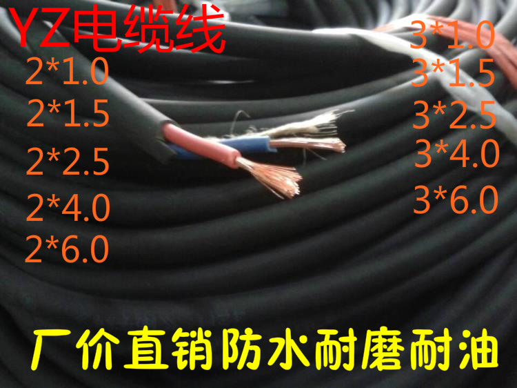 Pure copper wire 2*1 1 5 2 5 4 6 square double core YZ cable core sheath two or three core wire