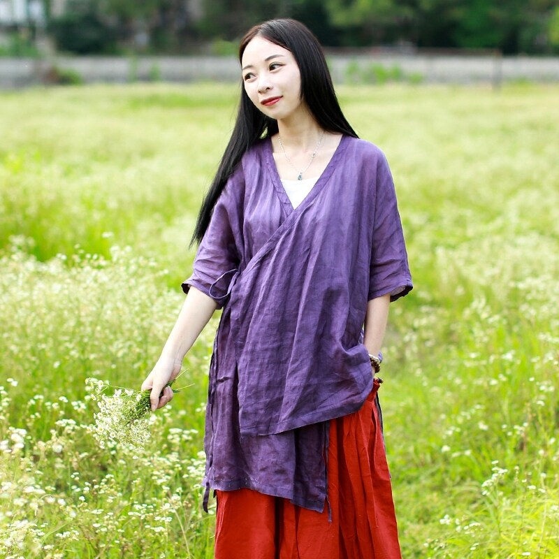 改良版汉服女夏现代日常中长款民族风苎麻上衣宽松古典中国风女装