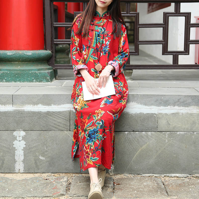 改良版旗袍春款2017新款花色长裙中国风女装复古长款棉麻连衣裙女