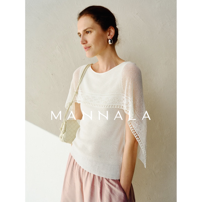 Mannala | “Little Ice Curtain” Linen Lyocell Hollow Knit Cape-Style Fake Two-Piece Knit Sweater Q5066