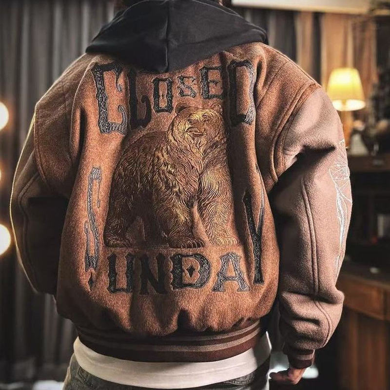 700g Heavy Embroidered American Baseball Jacket, Same Style as Sunday, Wilderness Hunter Brown Bear Retro Loose Jacket
