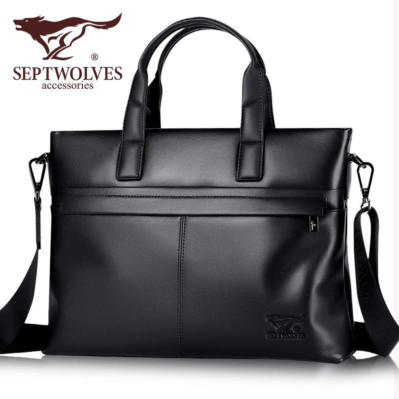 Seven Wolves Genuine Leather Men's Handbag Handbags Business Casual Briefcase Cross Section Single Shoulder Sloped Satchel Leather Bag Headlining Bull Leather