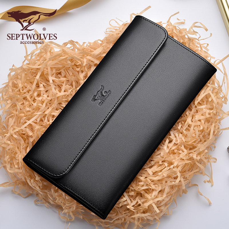 Seven Wolves Wallet Long Version Men's Leather Clips Genuine Leather Minimalist Head Layer Bull Peel Large Capacity New Long Clip