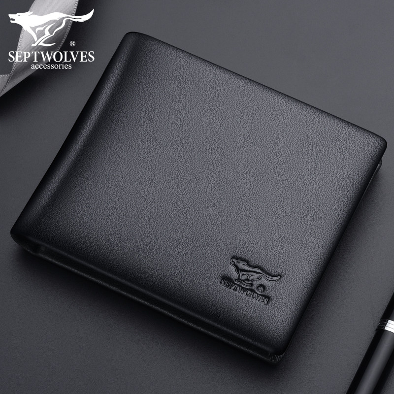 Seven Wolves Wallet Men Genuine Leather New Minimalist Tide Card Fashion Student Leather Clip Head Layer Soft Cow Leather Korean Version