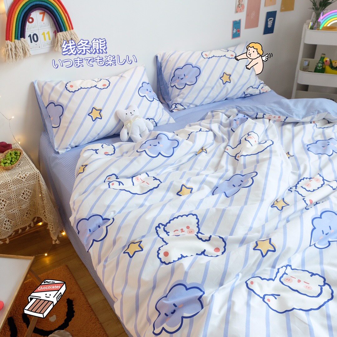(Fuji Store)Designer line bear cartoon cotton four-piece set Student dormitory cotton set cute
