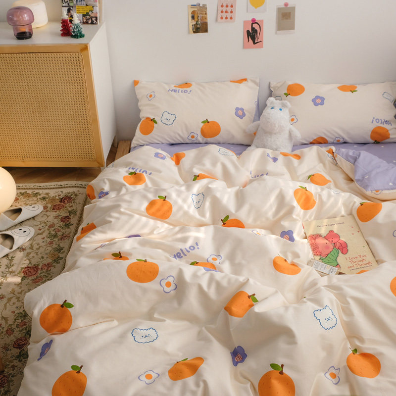 (Fuji Shop) All-cotton Cartoon Original Design Little Bear Orange Orange Pure Cotton Four Pieces Full Cotton Student Three Sets