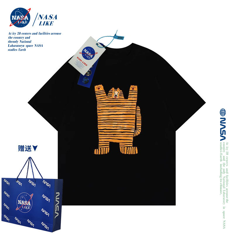 Nasa Co-Branded Cartoon Tiger Boys' and Girls' Pure Cotton Short-Sleeve T-Shirt 2025 Summer Trendy Brand for Older Children and Parent-Child Matching Outfits