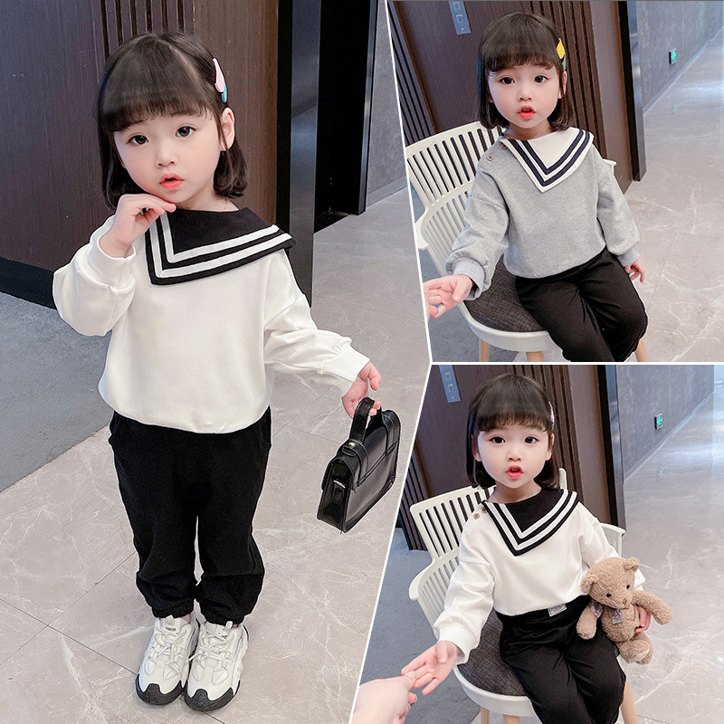 Girls' suit spring and autumn 2021 new children's long-sleeved Korean style foreign style baby fashion spring suit navy style two-piece set