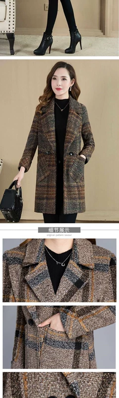 Áo khoác len trung niên cotton / không cotton, quần áo nữ dài trung bình, quần áo mùa thu và mùa đông của mẹ Hàn Quốc, áo khoác len kẻ sọc - Trung bình và dài Coat
