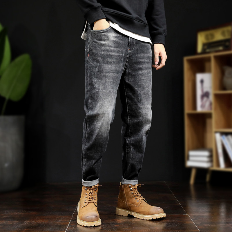 Tide card large size jeans Men's 2022 spring elastic small feet long pants Gfatter Enlarged Loose Fatter Casual Straight Drum Pants