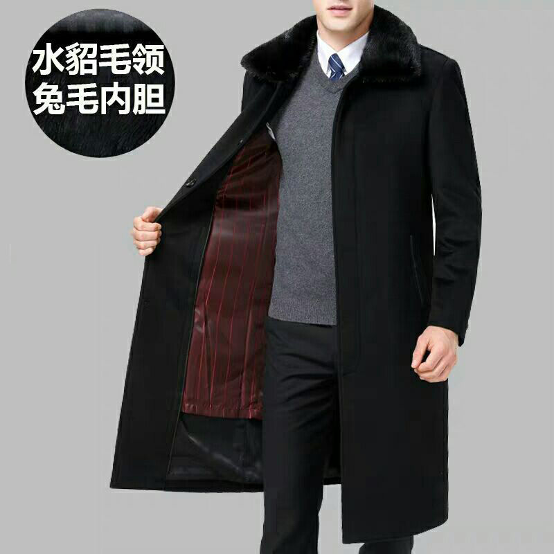 Winter Men's Cashmere Coat, Woolen Trench Coat for Middle-Aged and Elderly, Over-The-Knee Long Parka, Thickened Jacket for Dad