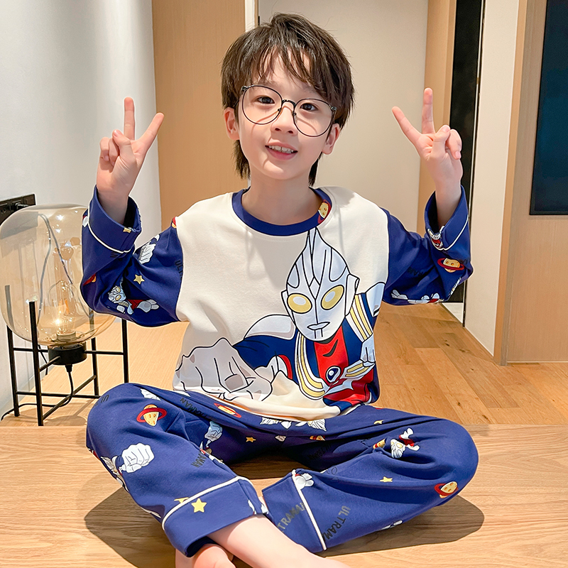 Spring and Autumn Children's Long-Sleeved Boys' Pure Cotton Pajamas Thin Cartoon Dinosaur Boys and Girls Summer Air-Conditioned Home Clothes Set