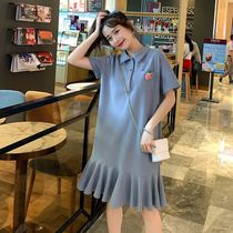 Pregnant Woman Summer Dress Dress Medium Dress Medium Long short sleeves Jacket Loose Foreign Air Little Fresh Korean version polo fish tail skirt Summer