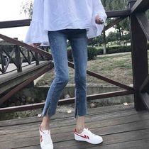 Korean pregnant women jeans spring and autumn pregnant women pants nine split fork 2021 new outside wearing straight tube tide mom Spring