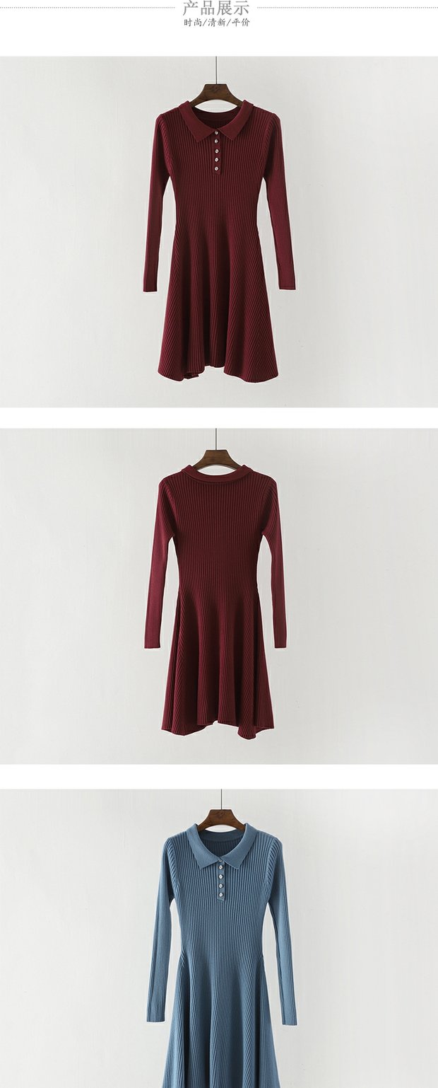 Mùa thu phụ nữ 2018 new retro tính khí Slim eo một từ váy nhẹ nhàng gió dài tay áo knit đáy váy váy xòe ngắn liền thân