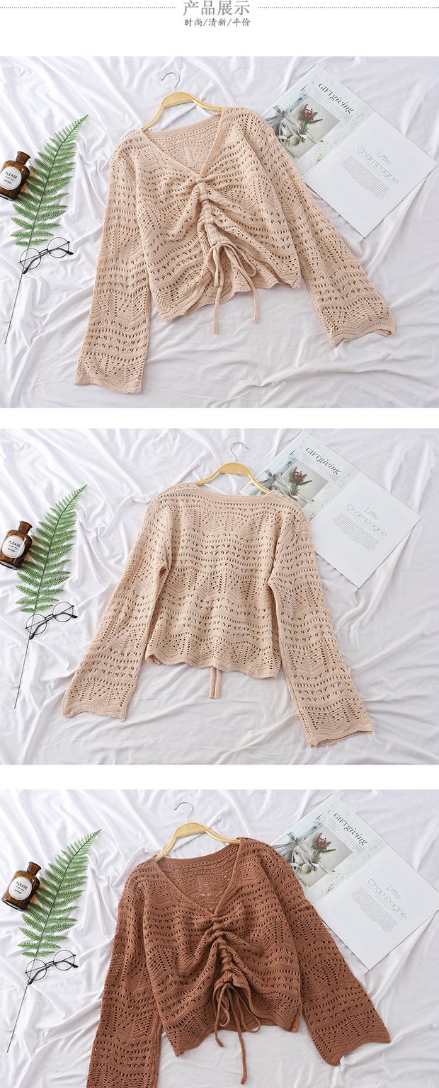 Thiếu nữ cẩn thận openwork thiết kế dây rút Áo len cổ chữ V dài tay áo len nữ phần mỏng áo len cổ chữ V ngắn lỏng lẻo quần áo nữ đẹp