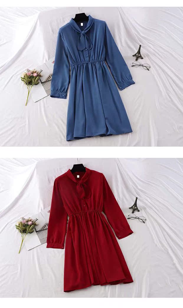 Mùa thu mới của Hàn Quốc cung retro dài tay đầm là mỏng sinh viên nhẹ nhàng váy nữ Một từ dài váy thủy triều đầm xòe dài
