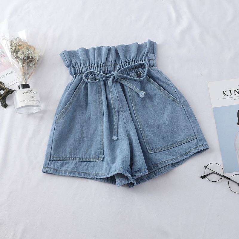WathetBud Frenulum High waist Denim shorts Spring and summer new pattern Hot pants easy Korean version student Wide leg pants tide student