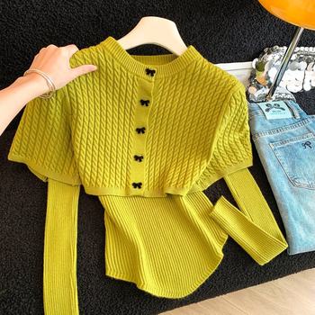 Real shot french retro twist stand-up collar sweater for women autumn and winter cape shawl v-neck bow two-piece set for women