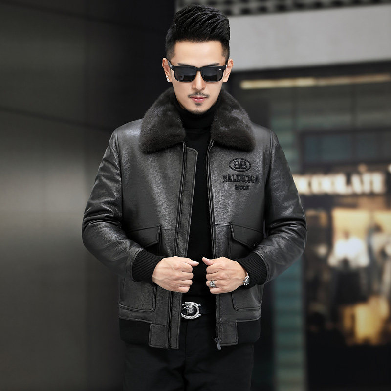 New men's head layer deer leather genuine leather down jacket with short water mink fur collar genuine leather down leather jacket turd collar jacket